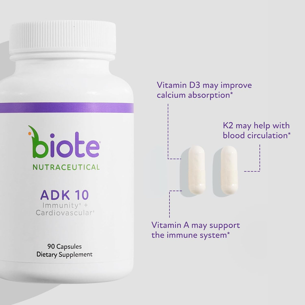 Biote Nutraceuticals ADK 10 | Immunity & Cardiovascular Support|90 Capsules BIOTE®